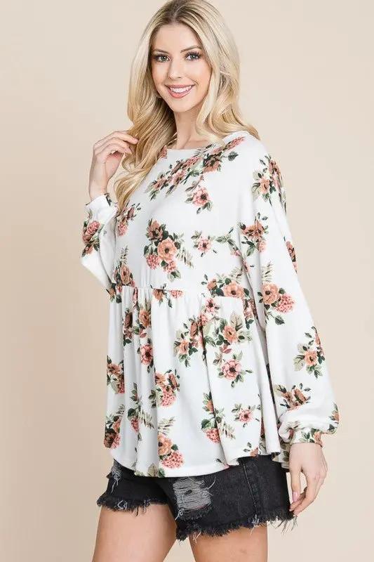Super Lady Full Size Babydoll Floral Boat Neck Blouse - Love Salve